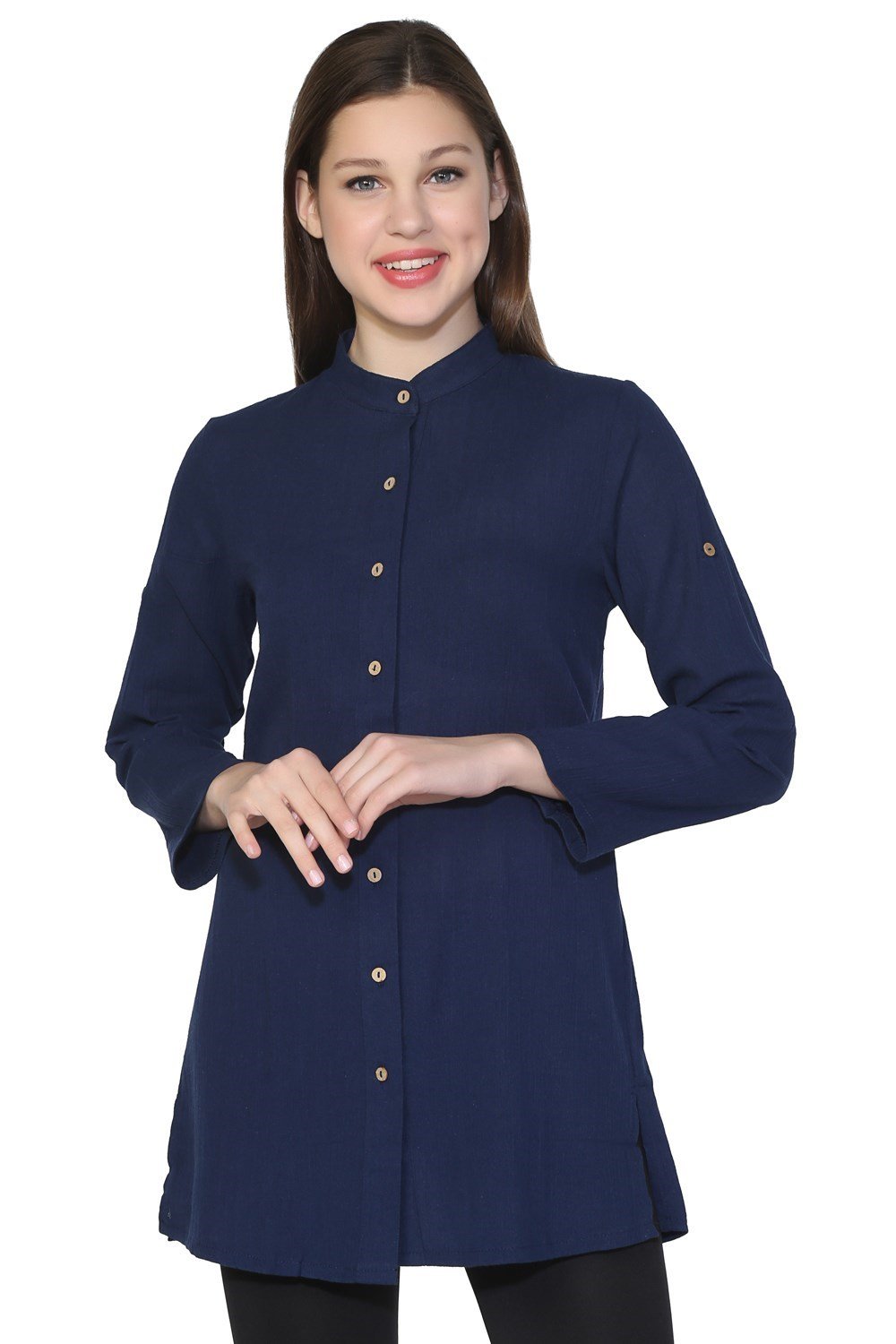 Toptan Uzun Kol Kadın Şile Bezi Hakim Yaka Tesettür Yazlık Tunik Lacivert