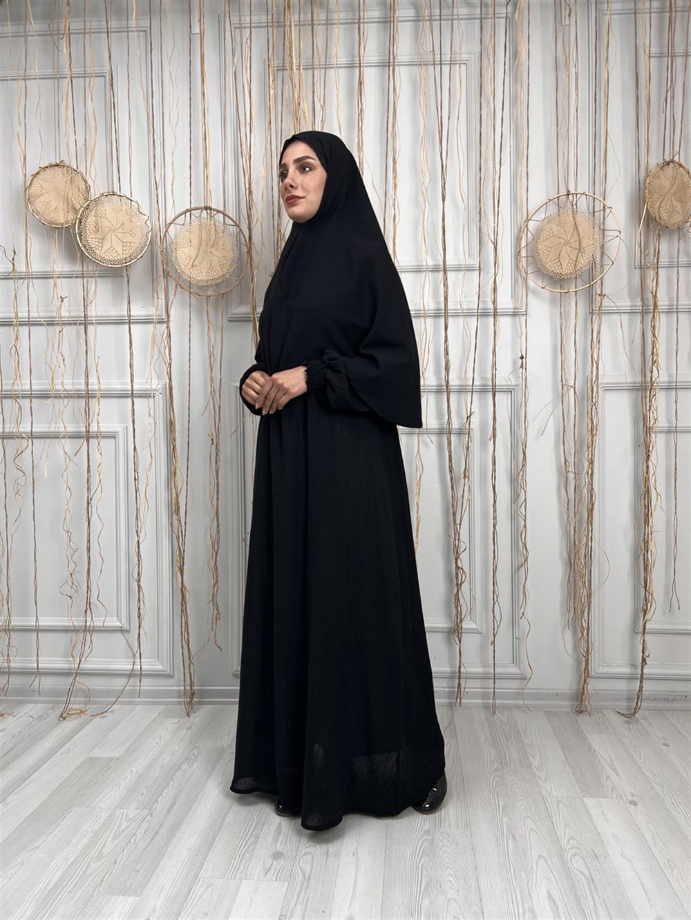 Kadın Şile Bezi Pamuk Namaz Elbisesi Tek Parça Kolay Boydan Giyilen Kolu ve Yakası Lastikli Siyah Syh