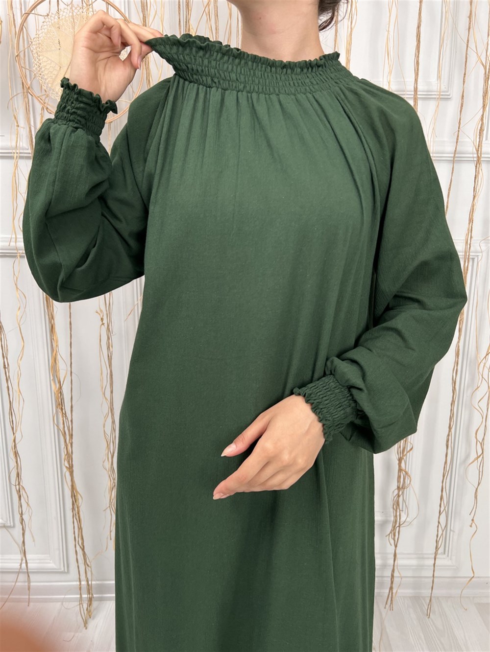 Toptan Kadın Şile Bezi Pamuk Namaz Elbisesi Tek Parça Kolay Boydan Giyilen  Kolu ve Yakası Lastikli Yeşil | silebezi.com.tr