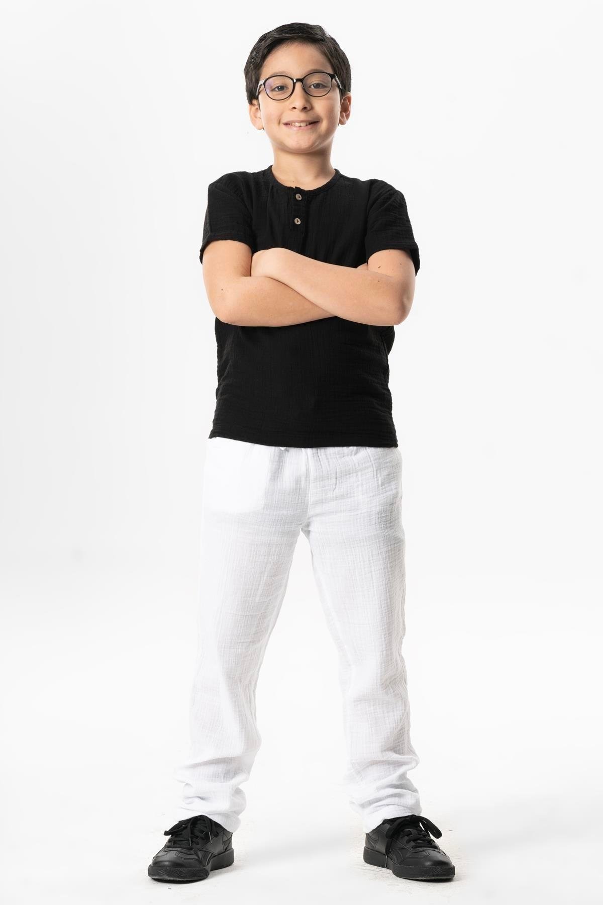 Kısa Kol Batı Cep Detaylı Yazlık Müslin Erkek Çocuk Tshirt Siyah Syh