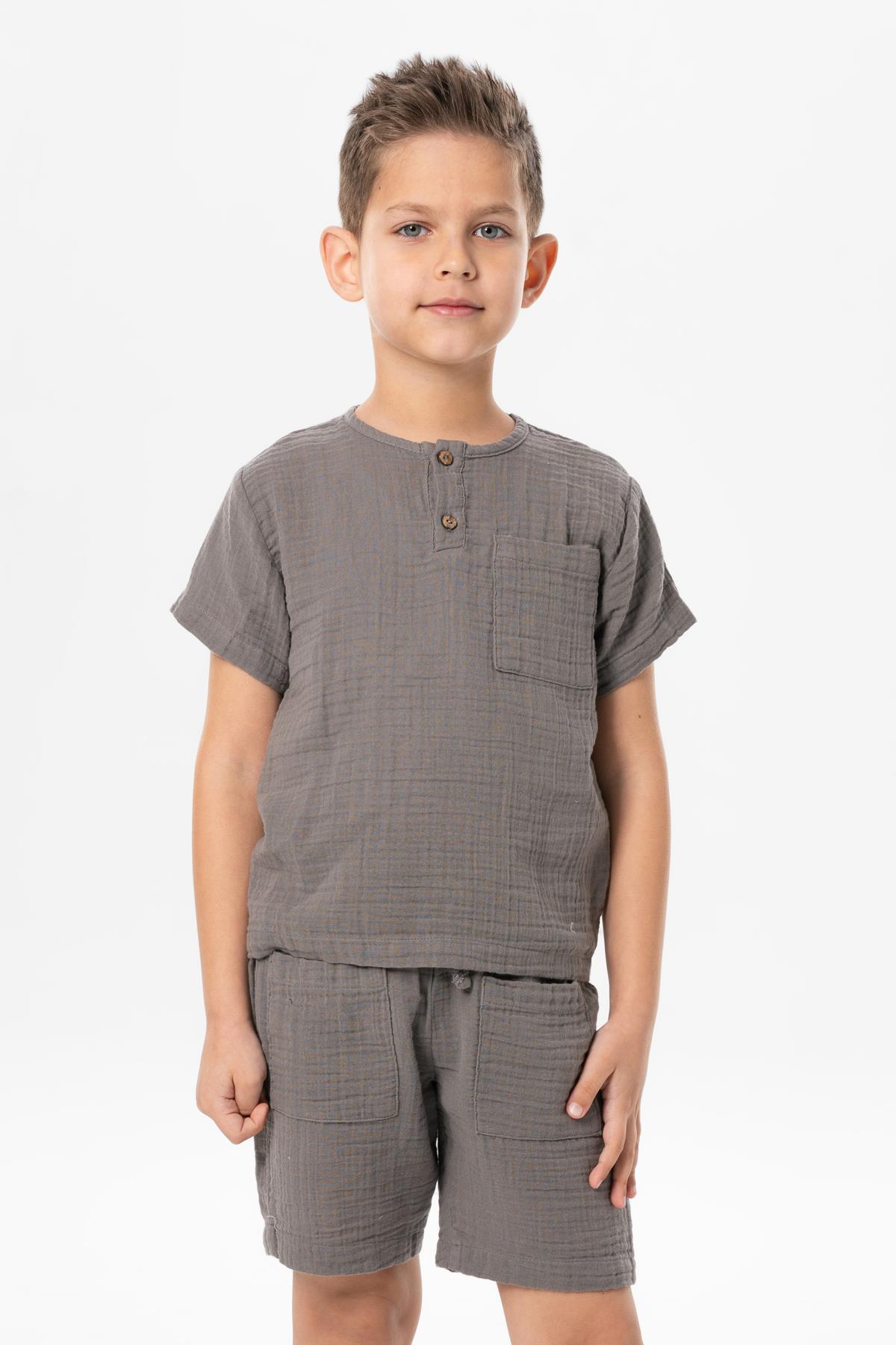 Kısa Kol Batı Cep Detaylı Yazlık Müslin Çocuk Tshirt Gri Gri
