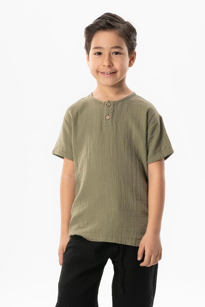 Kısa Kol Batı Yazlık Müslin Erkek Çocuk Tshirt Haki Hk