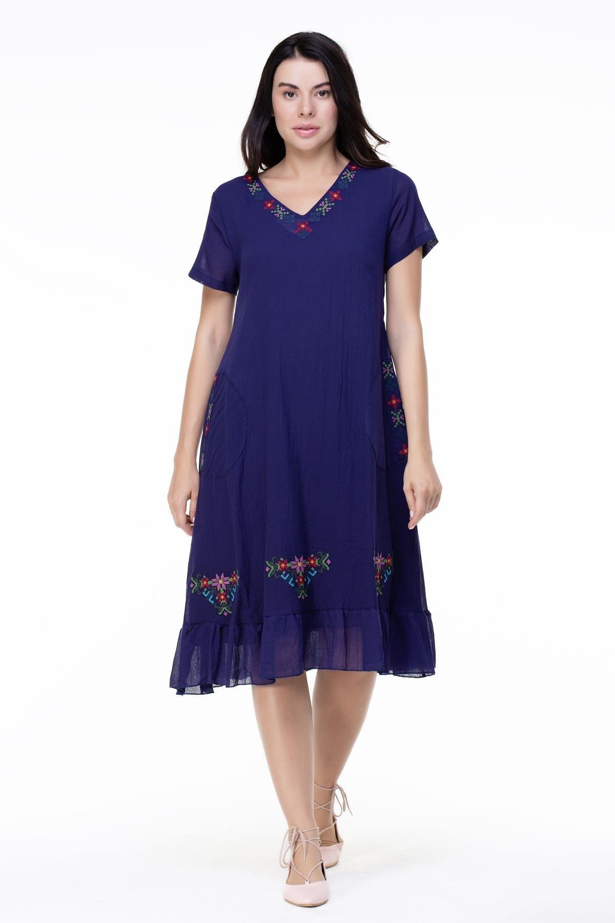 Kısa Kol Büyük Beden Mehtap Şile Bezi Nakış Detaylı Midi Boy Yazlık Otantik Elbise Mor Mor