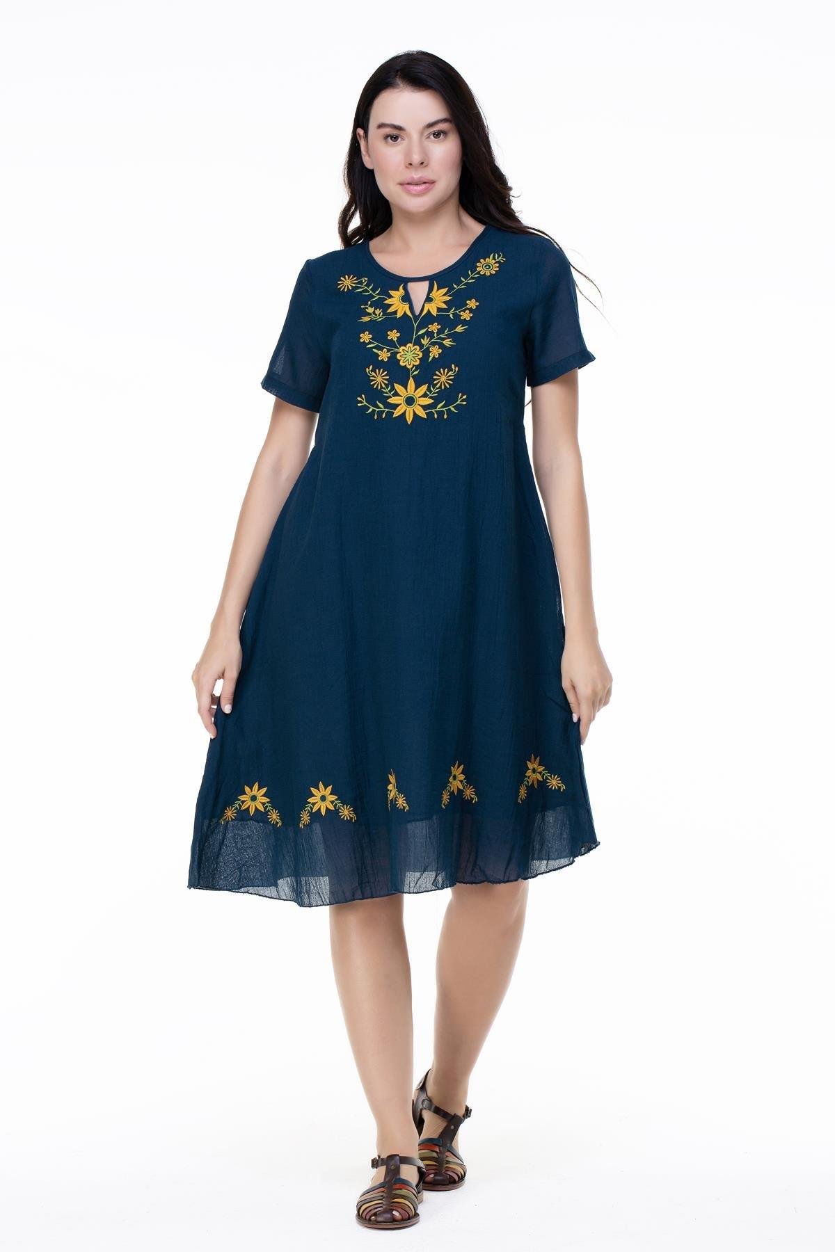 Kısa Kol Büyük Beden Vual Neslihan Midi Boy Çiçek Desen Yazlık Elbise Petrol Ptrl