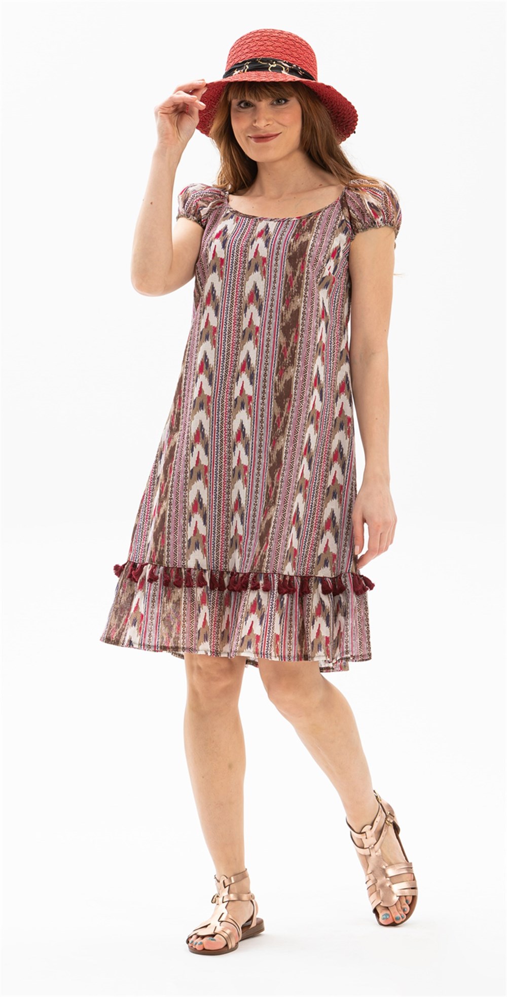 Toptan Kısa Kol Lara Şile Bezi Kilim Desen Elbise Kilim Desen