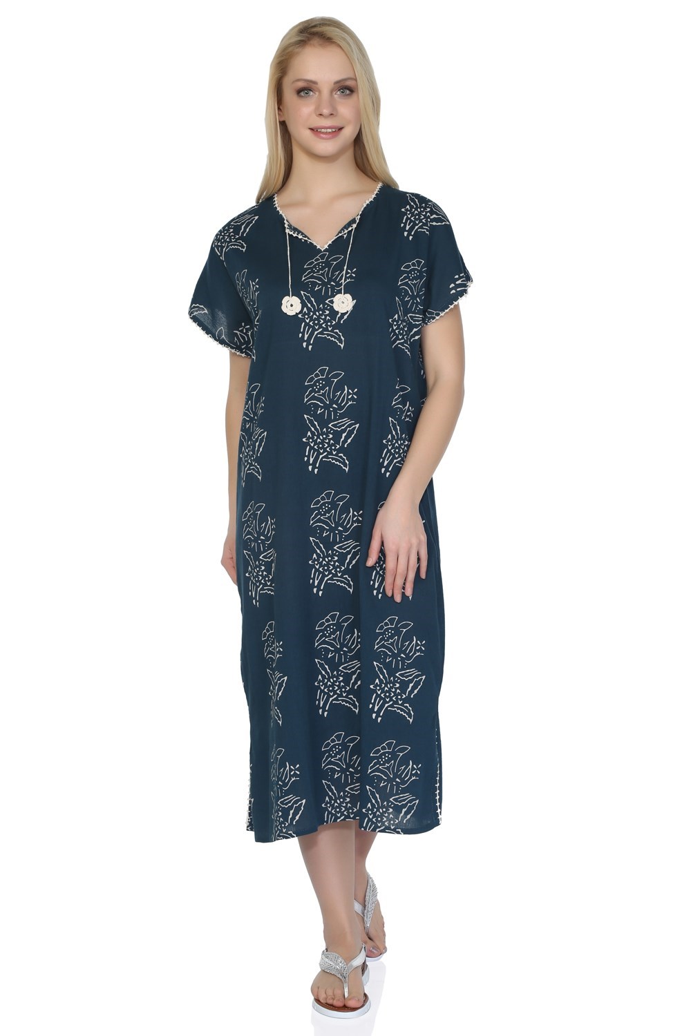 Toptan Kısa Kol Şile Bezi Baskılı Yazlık Elbise Zambak Desen Petrol
