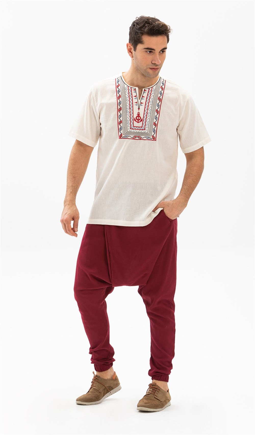 Toptan Kısa Kol Şile Bezi Bisiklet Yaka Bahriyeli Erkek Yazlık T-Shirt Krem