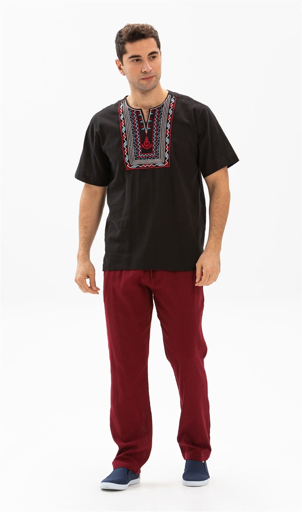 Toptan Kısa Kol Şile Bezi Bisiklet Yaka Bahriyeli Erkek Yazlık T-Shirt Siyah