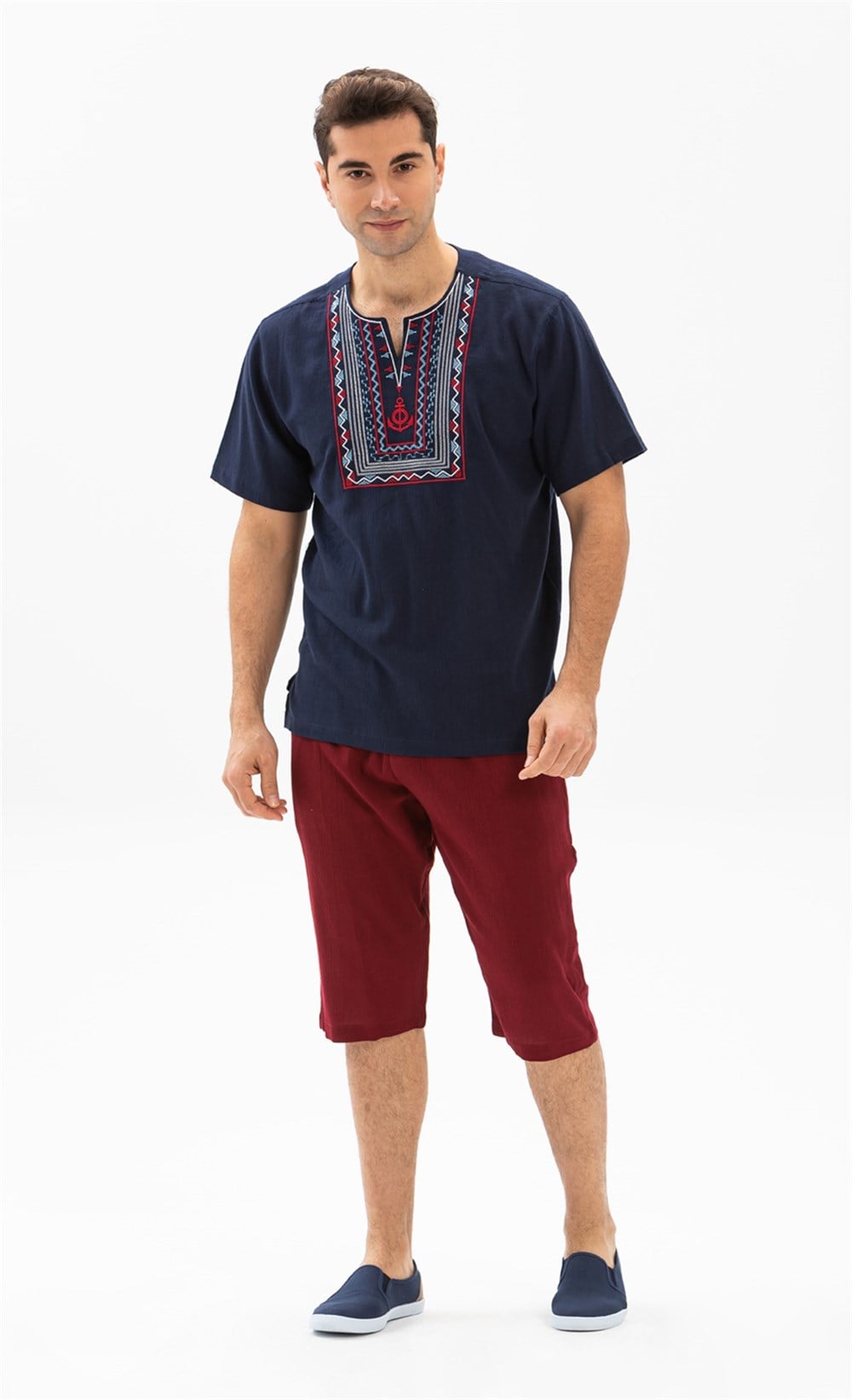 Toptan Kısa Kol Şile Bezi Bisiklet Yaka Bahriyeli Erkek T-Shirt Lacivert