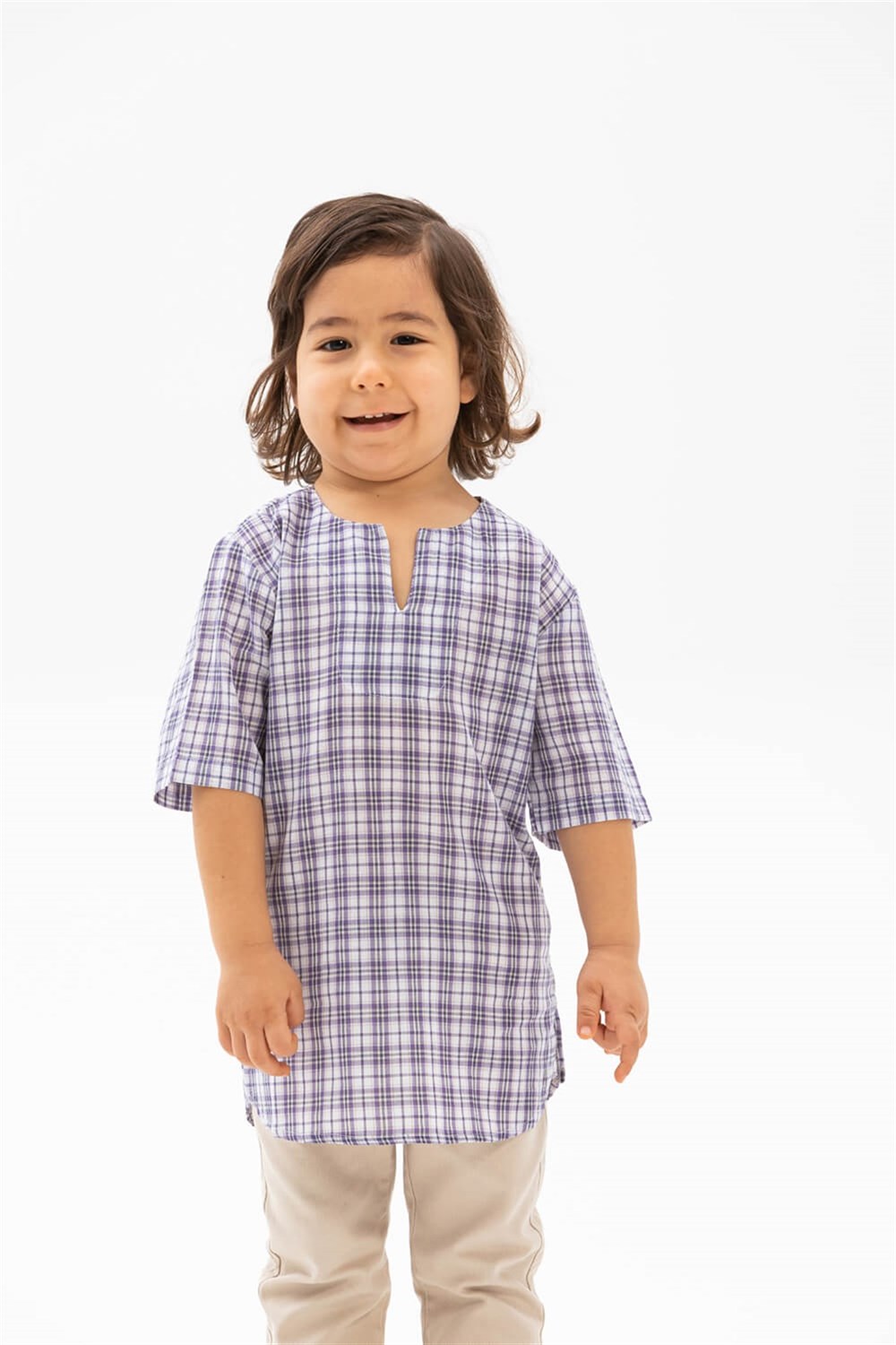 Toptan Kısa Kol Şile Bezi Bisiklet Yaka Erkek Çocuk Yazlık Tshirt Mor Kareli