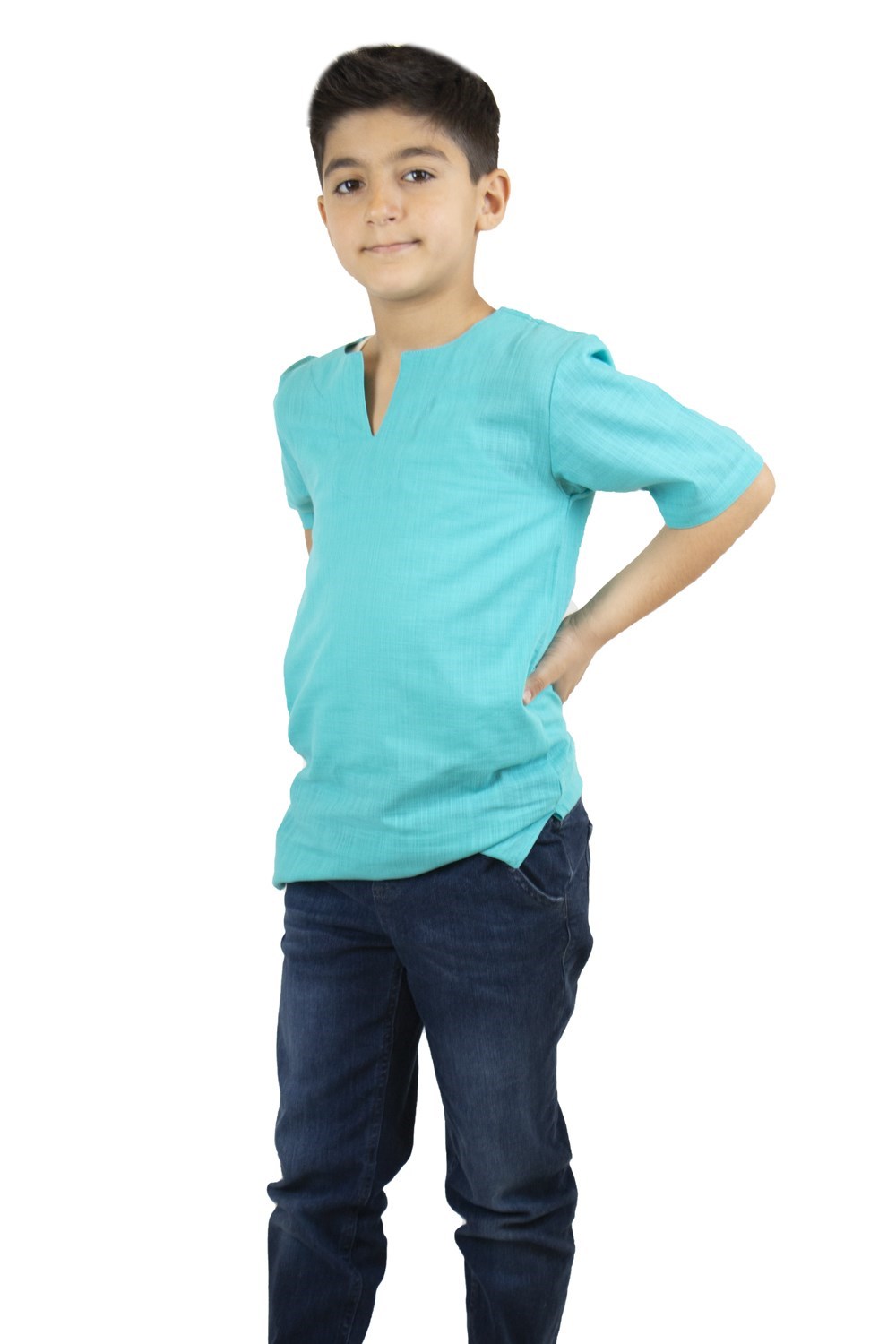 Toptan Kısa Kol Şile Bezi Bisiklet Yaka Erkek Çocuk Yazlık Tshirt Turkuaz