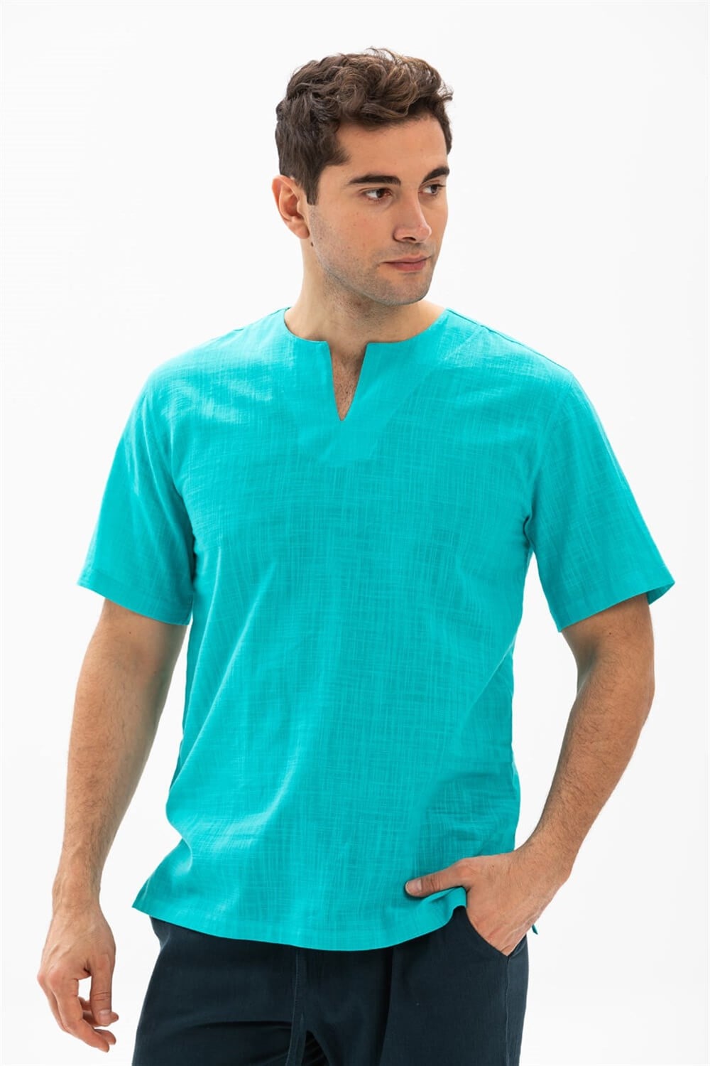 Toptan Kısa Kol Şile Bezi Bisiklet Yaka Erkek Yazlık T-Shirt Turkuaz