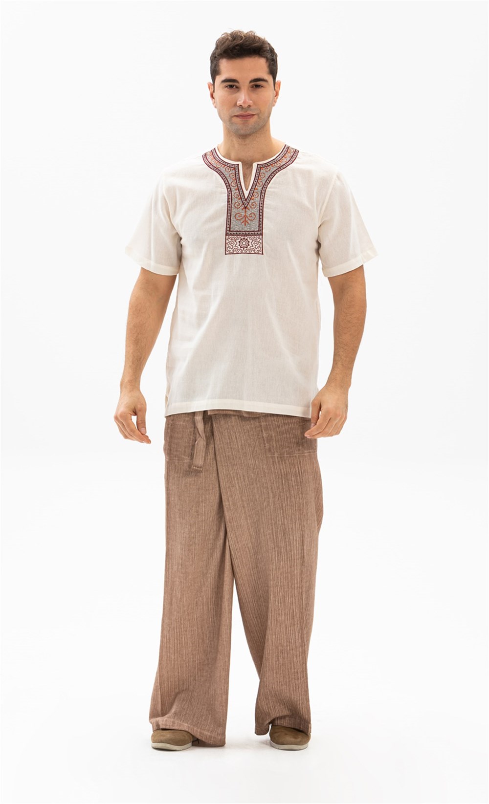 Toptan Kısa Kol Şile Bezi Bisiklet Yaka Etnik Erkek Yazlık T-Shirt Krem