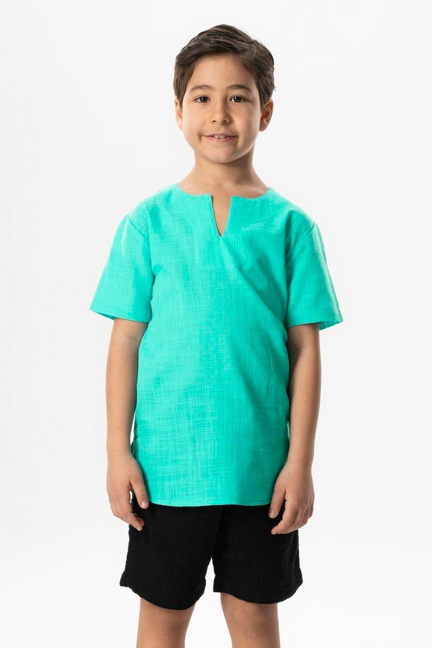 Kısa Kol Şile Bezi Bisiklet Yaka Yazlık Erkek Çocuk Tshirt Su Yeşili 3047