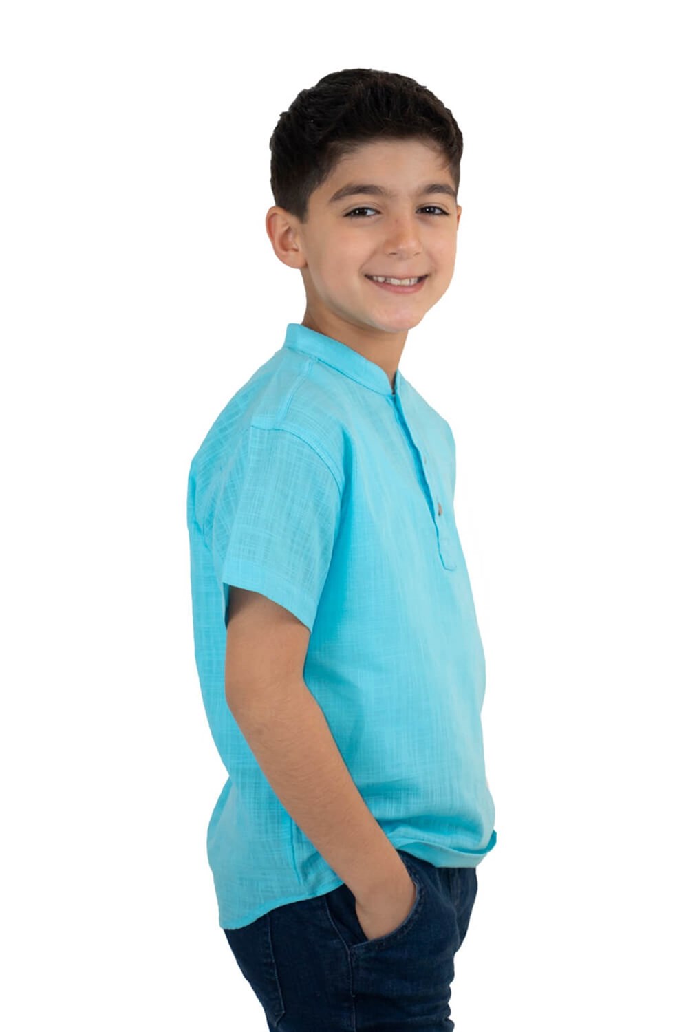 Toptan Kısa Kol Şile Bezi Bodrum Erkek Çocuk Yazlık Tshirt Açık Mavi