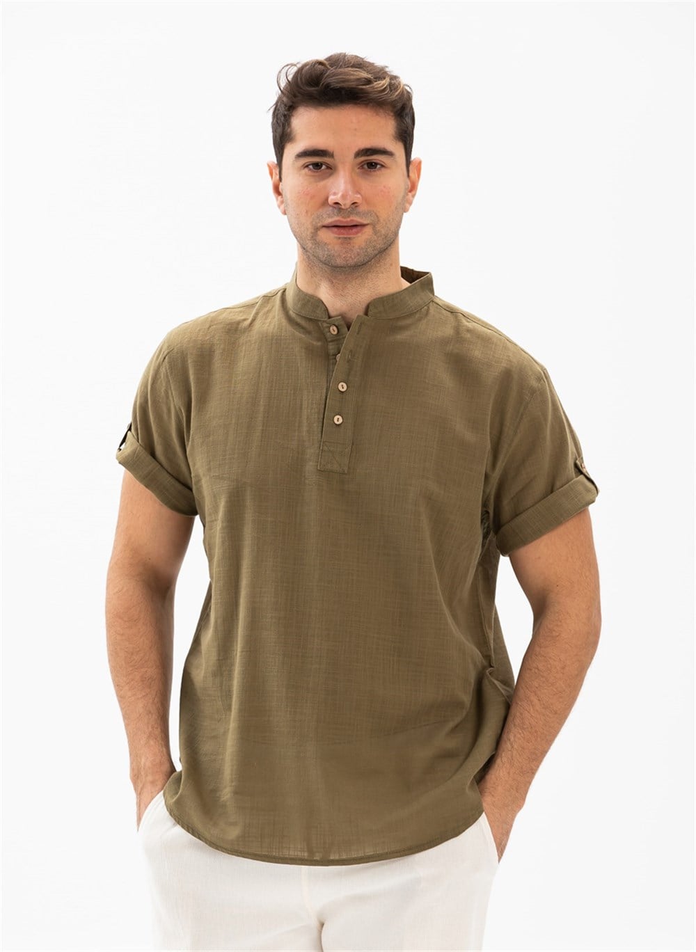Toptan Kısa Kol Şile Bezi Erkek Yazlık Bodrum T-Shirt  Haki