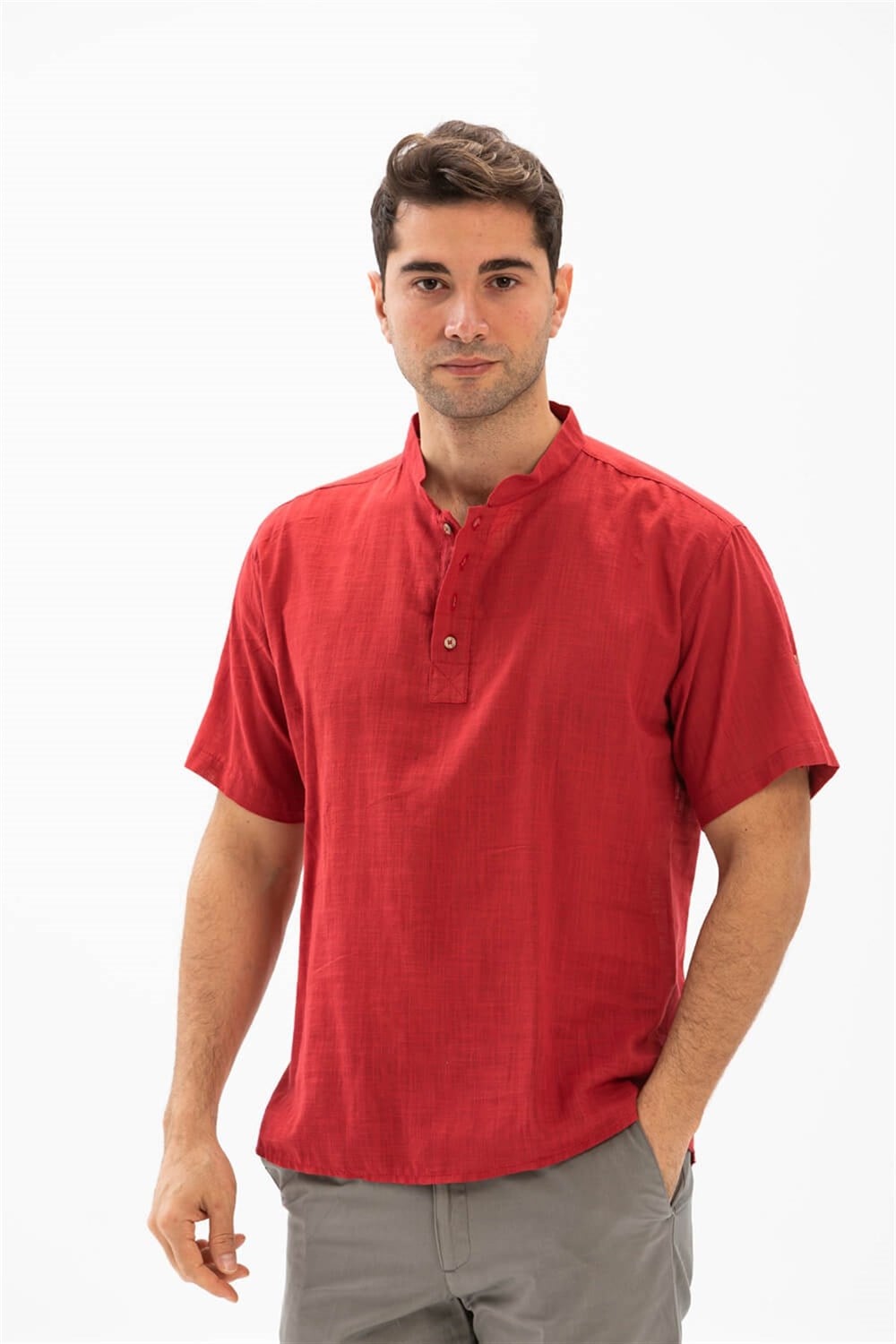 Toptan Kısa Kol Şile Bezi Erkek Yazlık Bodrum T-Shirt Kırmızı