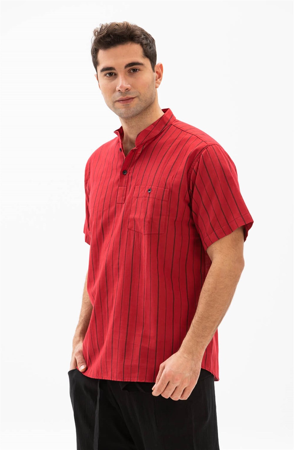 Toptan Kısa Kol Şile Bezi Hakim Yaka Erkek Tshirt Kırmızı Siyah Çizgili