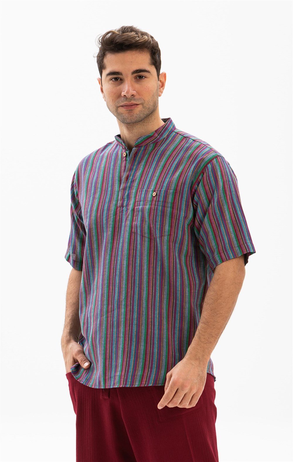 Toptan Kısa Kol Şile Bezi Hakim Yaka Tek Cepli Erkek Yazlık Tshirt Mor Çizgili