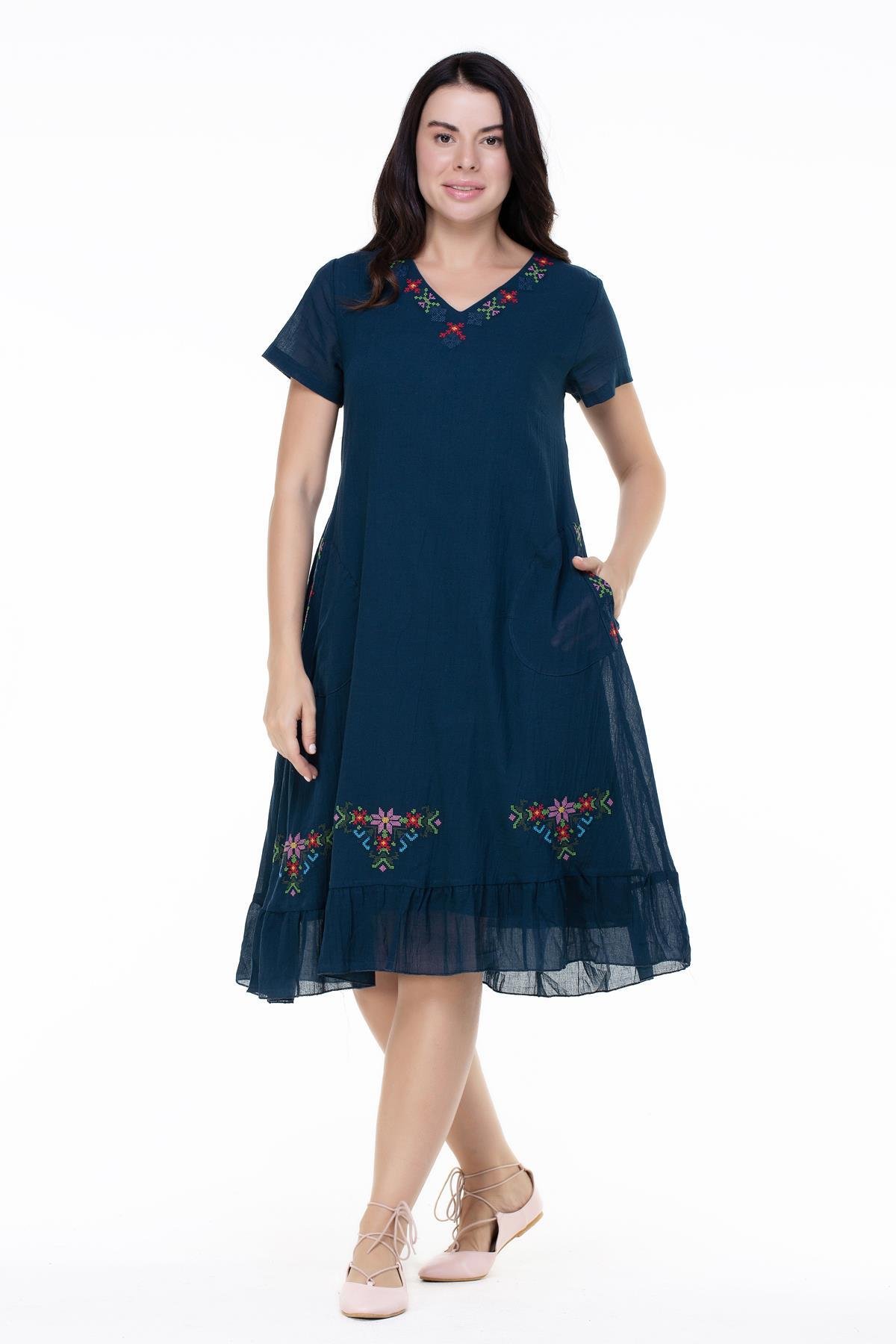 Kısa Kol Şile Bezi Mehtap Midi Boy Nakış Detaylı Elbise Petrol Ptrl