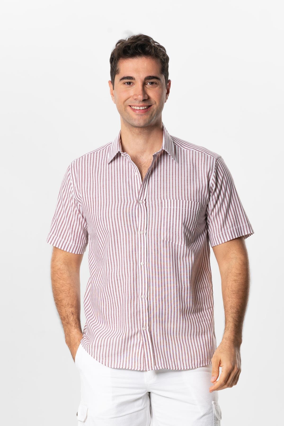Kısa Kol Şile Bezi Tek Cepli Erkek Yazlık Gömlek Bordo Krem Çizgili 3080