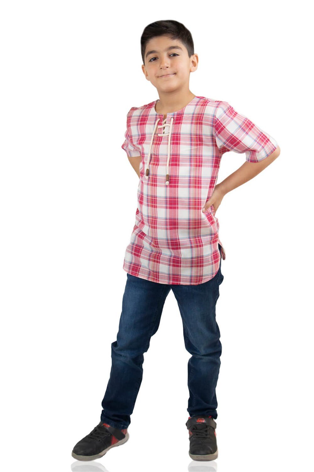 Toptan Kısa Kol Şile Bezi Zımbalı Erkek Çocuk Yazlık Tshirt Kırmızı Krem Ekose