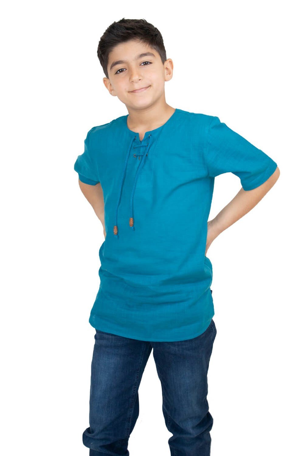 Toptan Kısa Kol Şile Bezi Zımbalı Erkek Çocuk Yazlık Tshirt Petrol