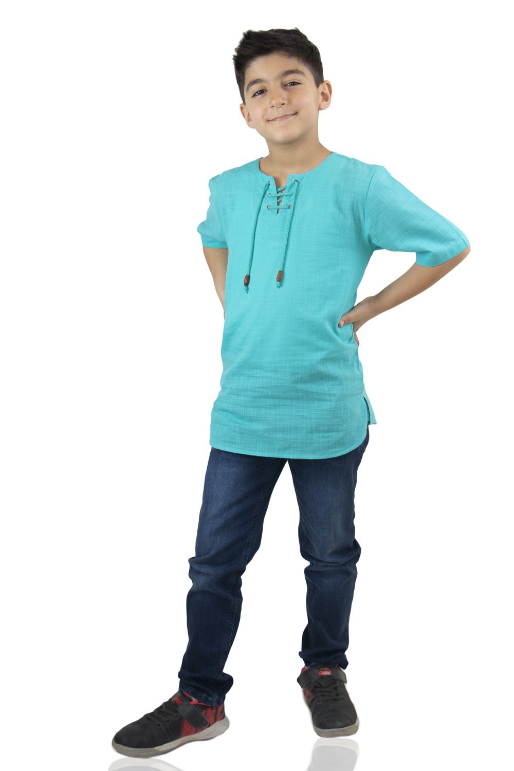 Toptan Kısa Kol Şile Bezi Zımbalı Erkek Çocuk Tshirt Turkuaz