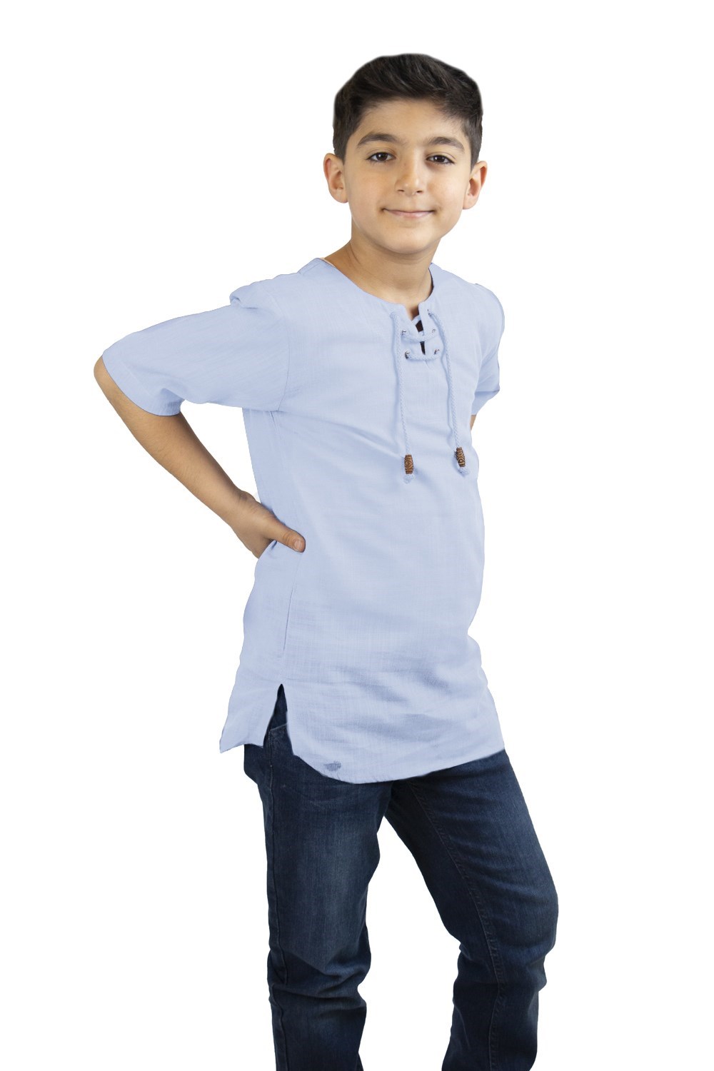 Toptan Kısa Kol Şile Bezi Zımbalı Erkek Çocuk Yazlık Tshirt Buz Mavi