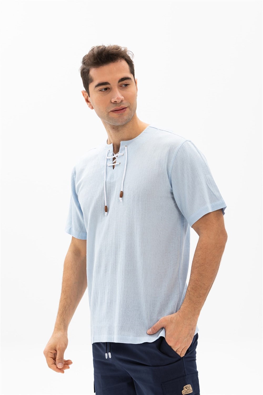 Toptan Kısa Kol Şile Bezi Zımbalı Erkek Yazlık Tshirt Buz Mavi