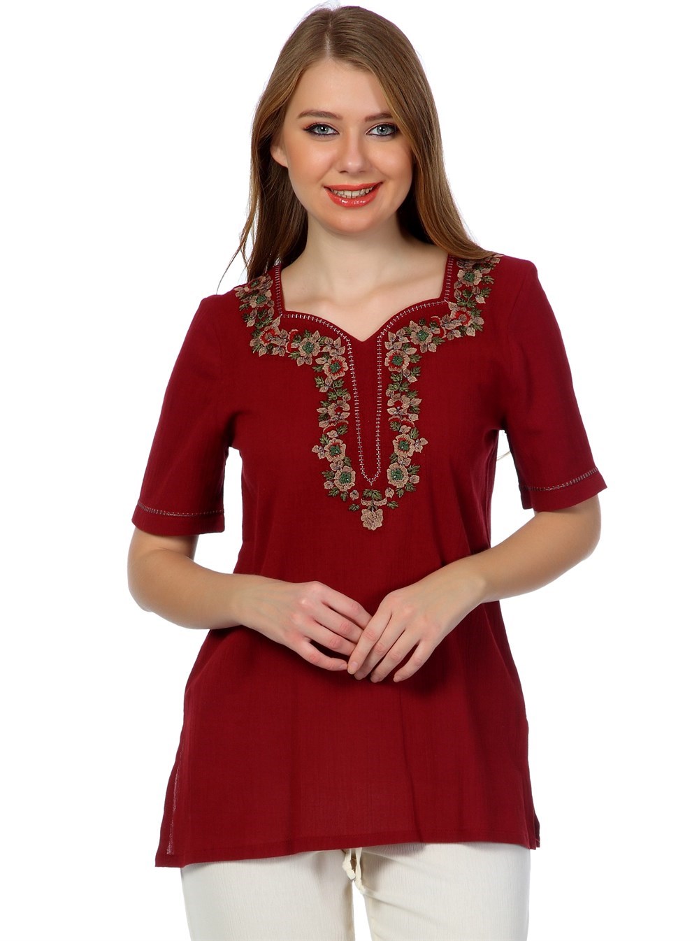 Toptan Kısa Kol Sunay Bluz Bordo