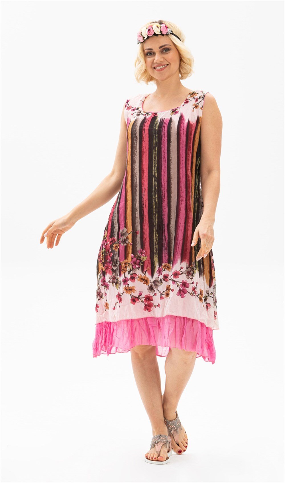 Kısa Kol Vual Defne Midi Boy Elbise Pembe 6089