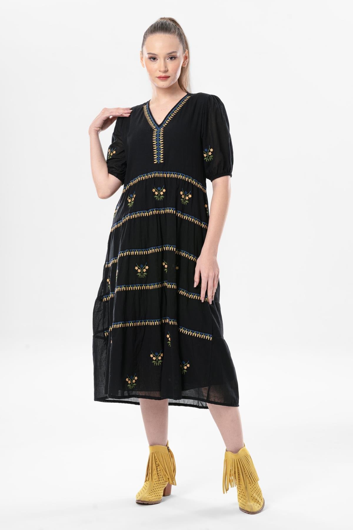 Kısa Kol Vual Nakışlı V Yaka Reyhan Uzun Yazlık Otantik Elbise Siyah Syh