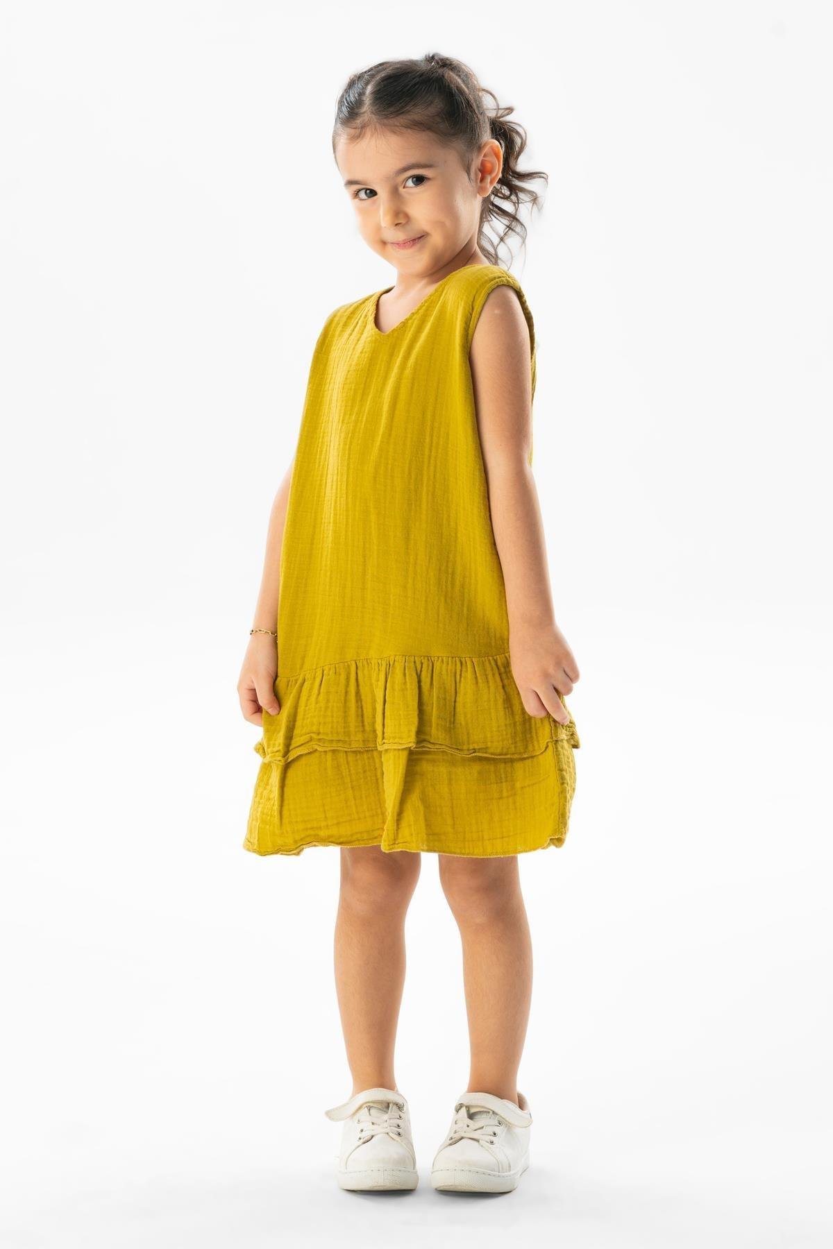 Kolsuz Aybike Yazlık Müslin Çocuk Elbise Yağ Yeşili Ygysl