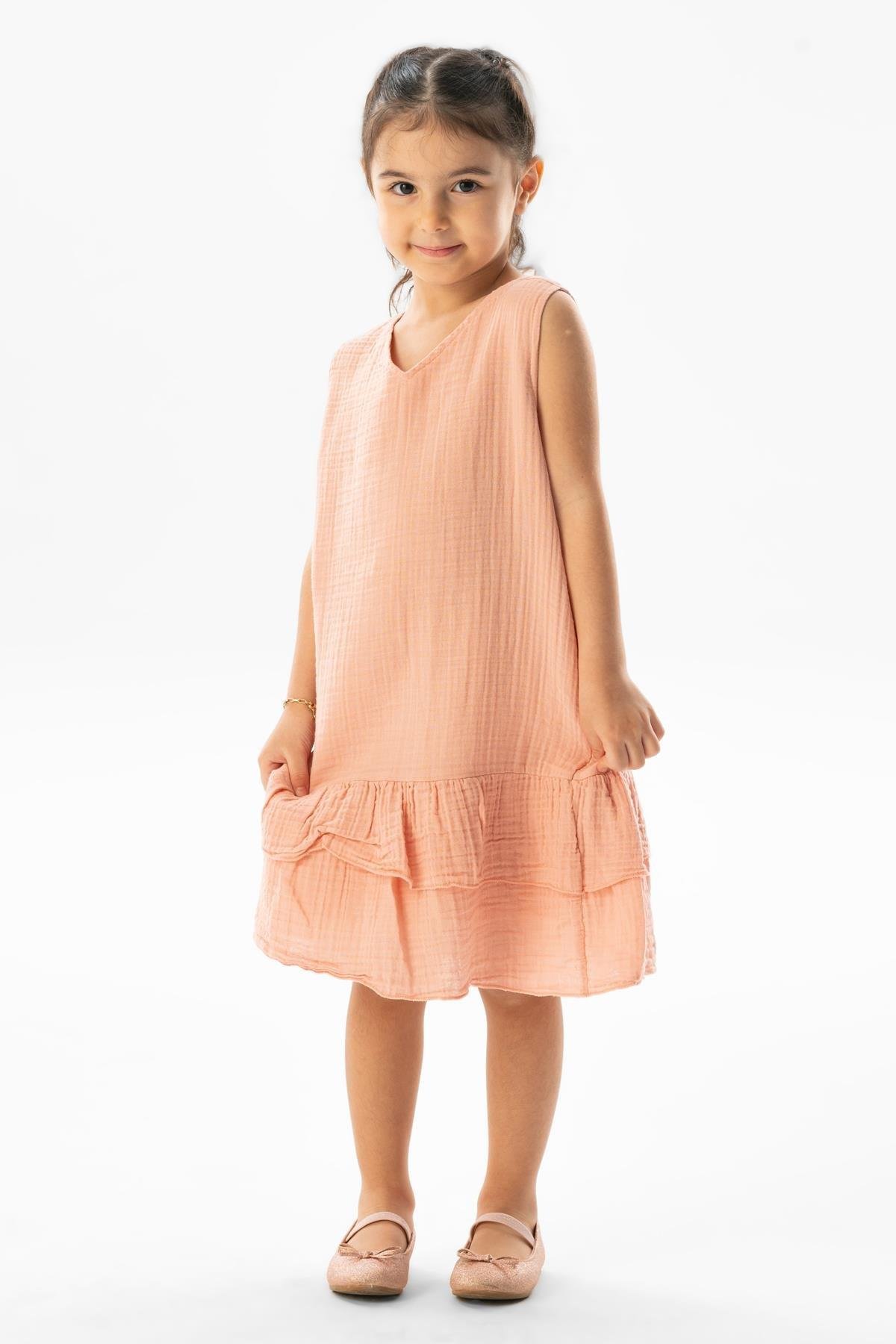 Kolsuz Aybike Yazlık Müslin Çocuk Elbise Pudra Pdr