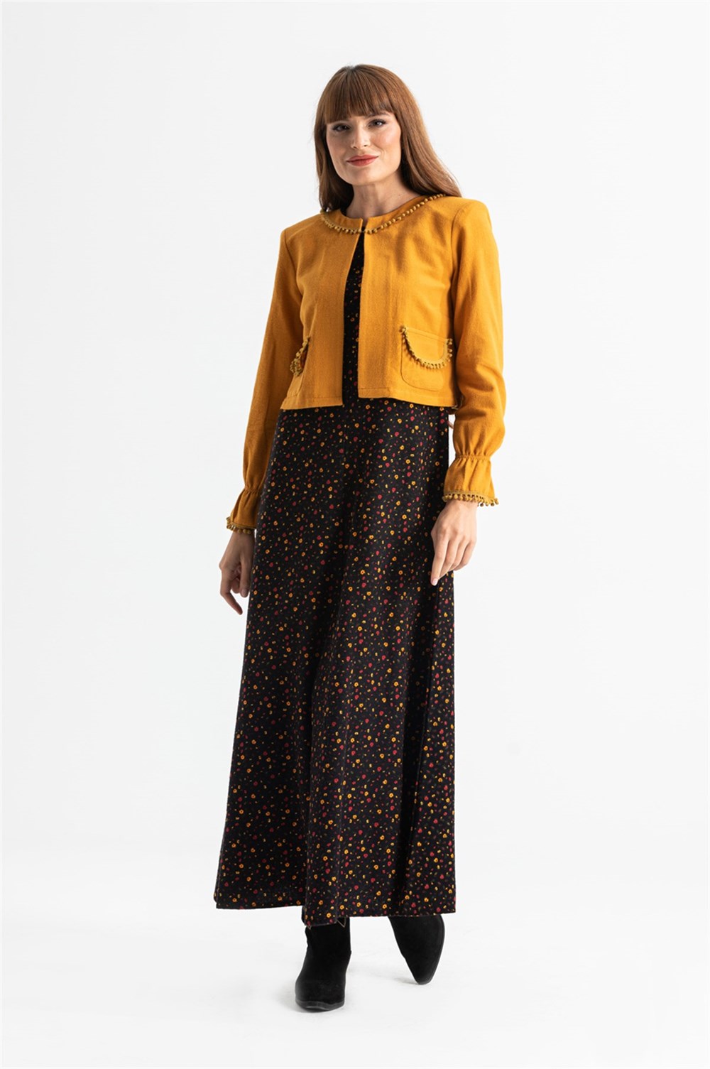 Kolsuz Selen Pazen Uzun Elbise Çıtır Desen Siyah Syh