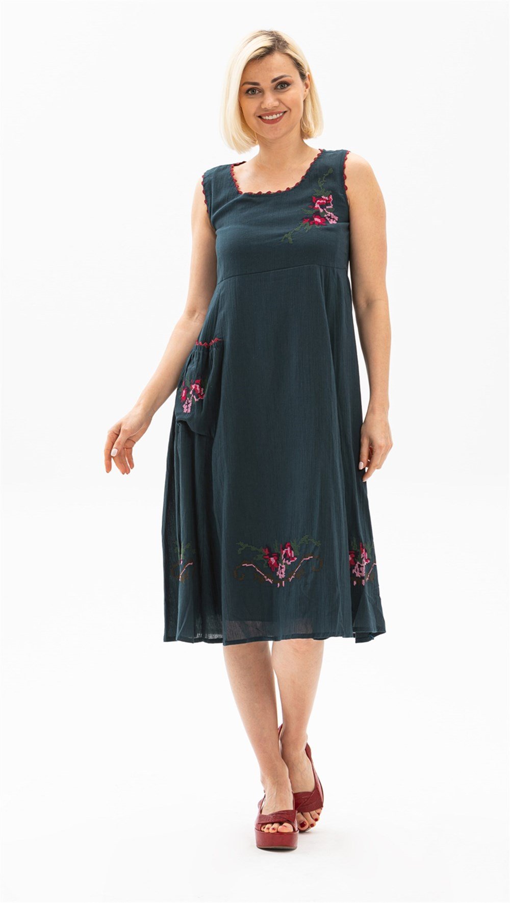 Toptan Kolsuz Burçak Şile Bezi Yazlık Anne Elbise Petrol