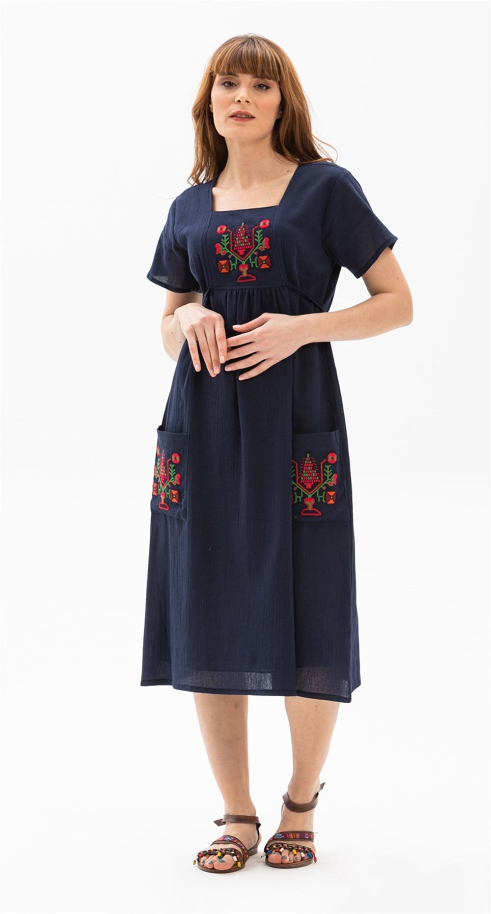 Toptan Kısa Kol Melek Otantik Şile Bezi Yazlık Midi Elbise Lacivert