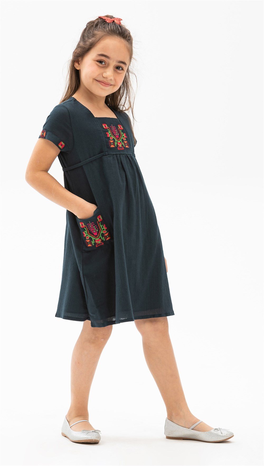 Toptan Kısa Kol Melek Şile Bezi Yazlık Çocuk Elbise Petrol