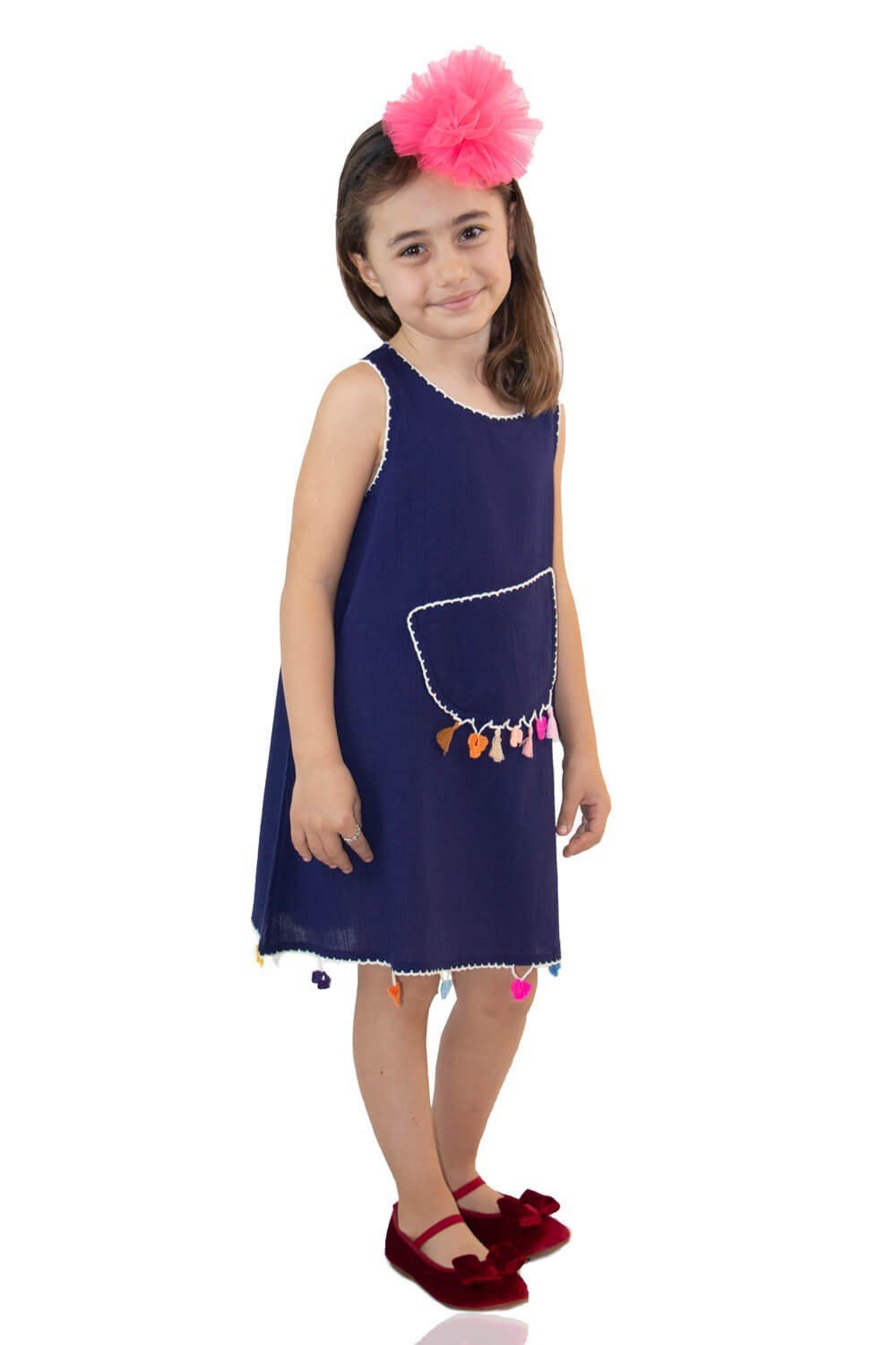 Toptan Kolsuz Mine Şile Bezi Yazlık Çocuk Elbise Lacivert