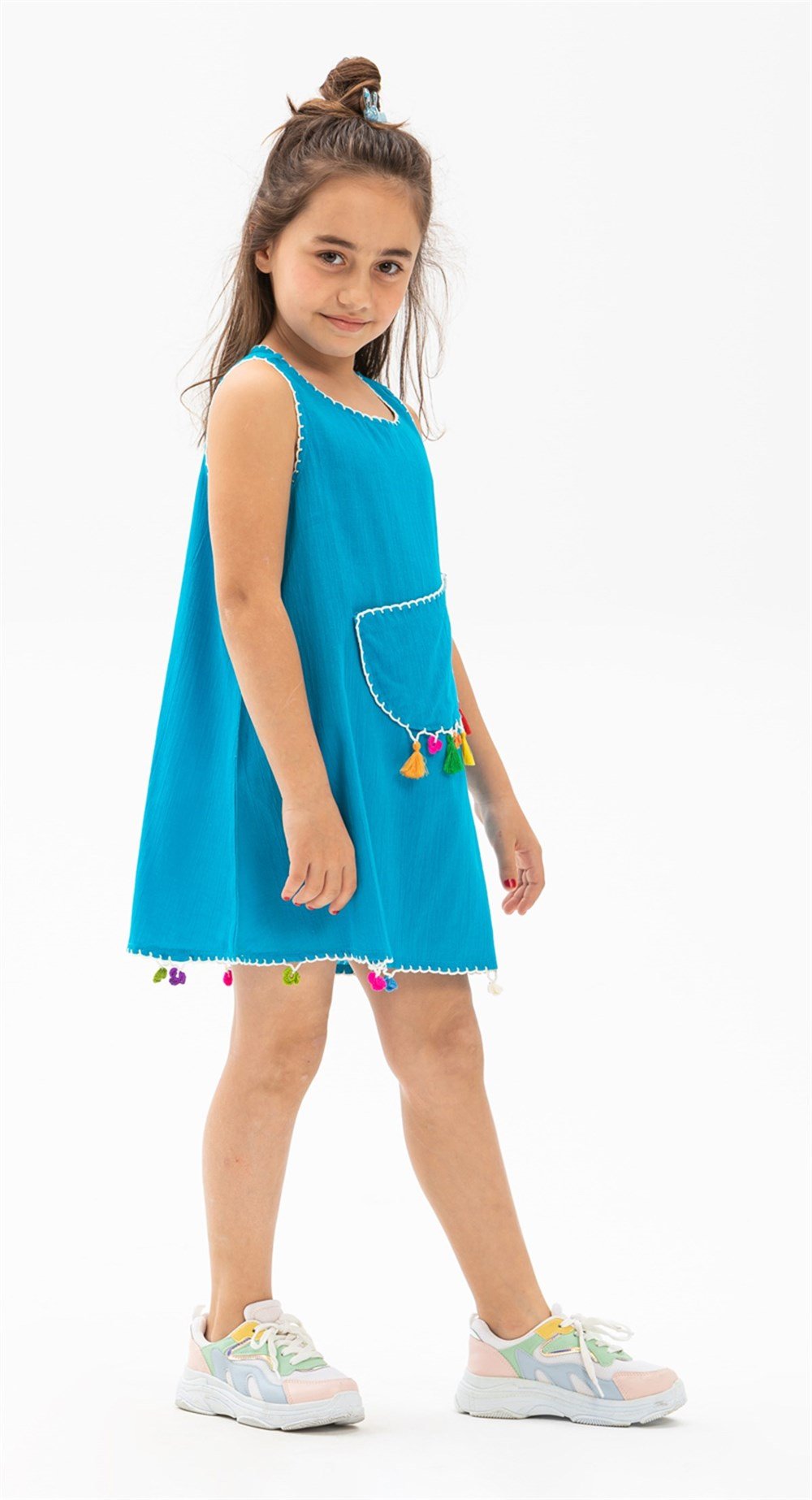 Toptan Kolsuz Mine Şile Bezi Yazlık Çocuk Elbise Turkuaz