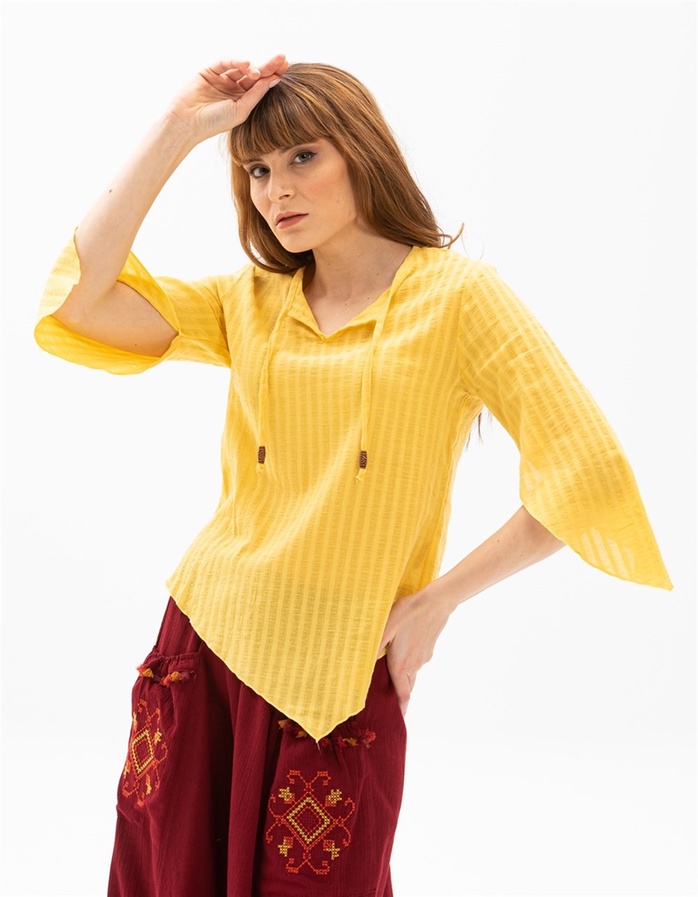 Toptan Rodos Otantik Gofre Yazlık Bluz Sarı