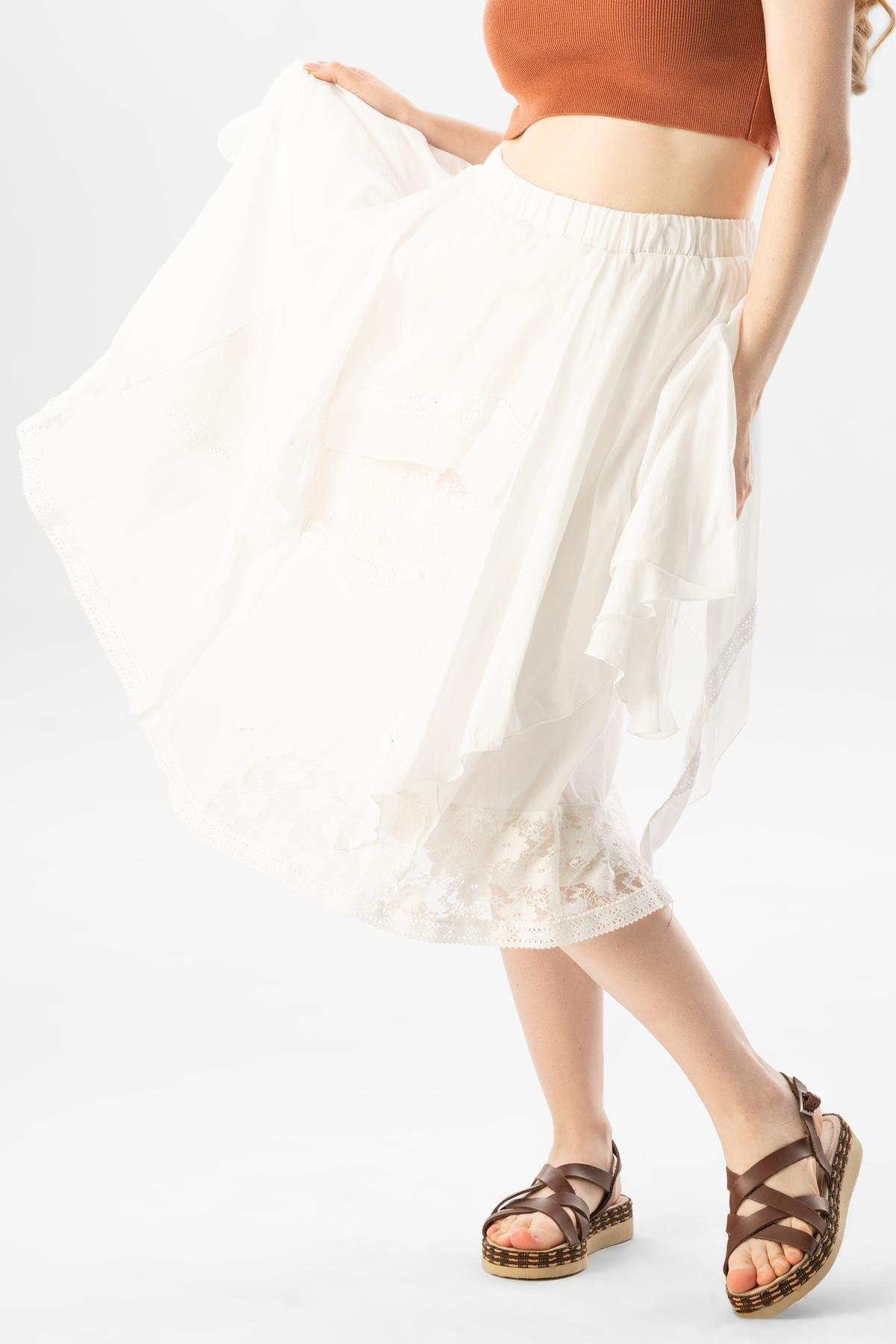 Salkım Vual Dantelli Saçaklı Uzun Yazlık Otantik Etek Krem Krm