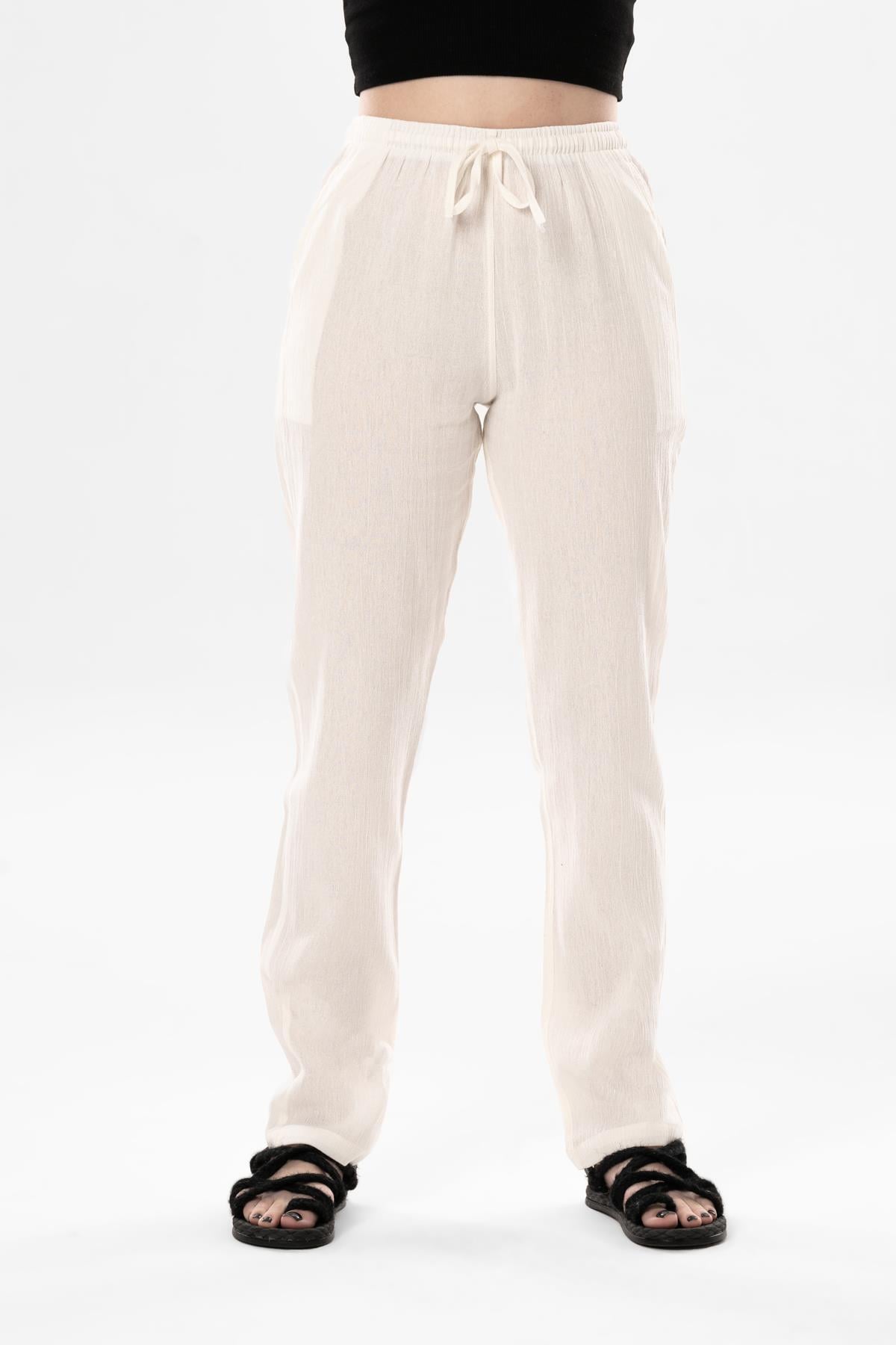 Şile Bezi Çift Cepli Unisex Yazlık Pantolon Krem Krm