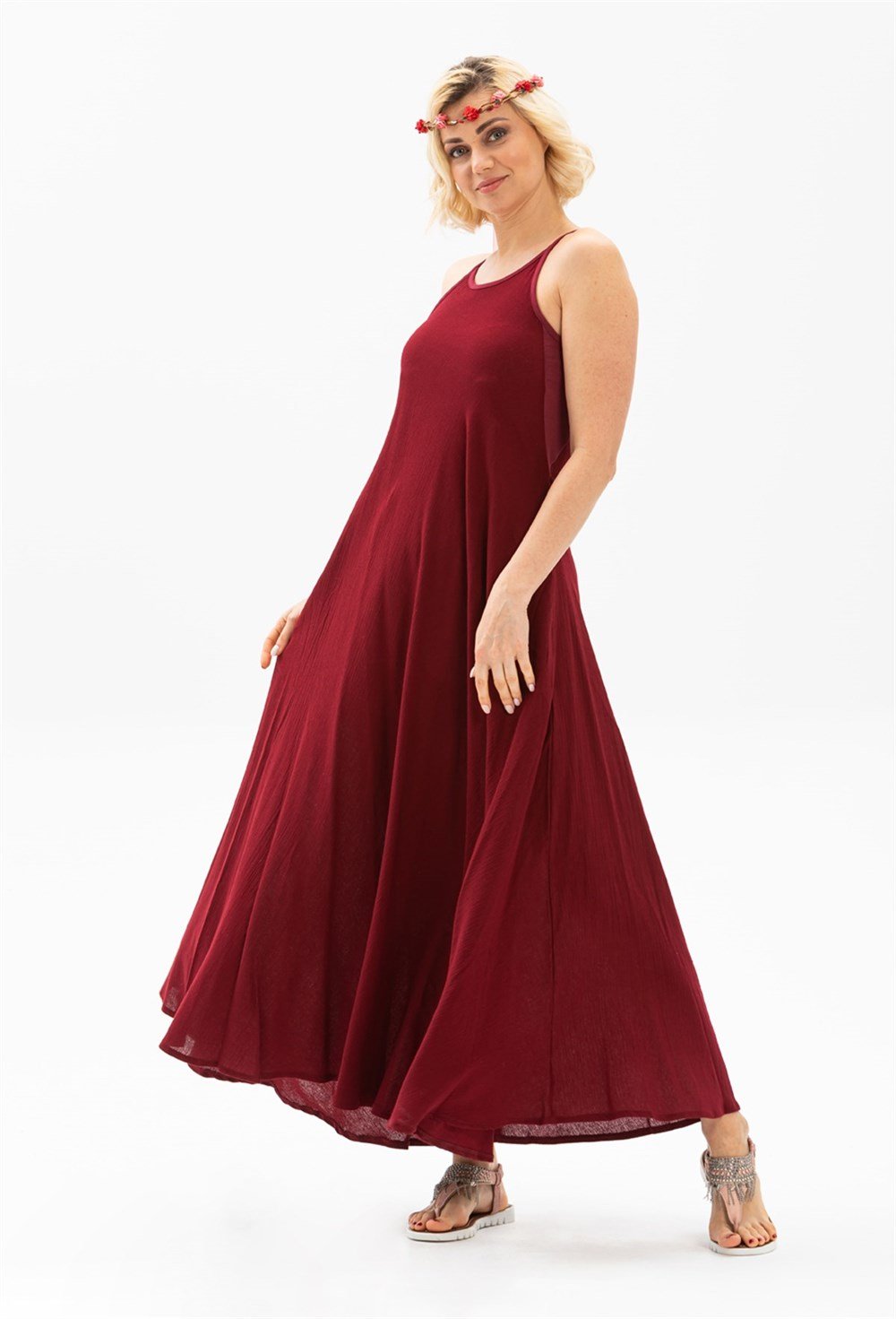 Toptan Sima Şile Bezi Yazlık Uzun Elbise Bordo