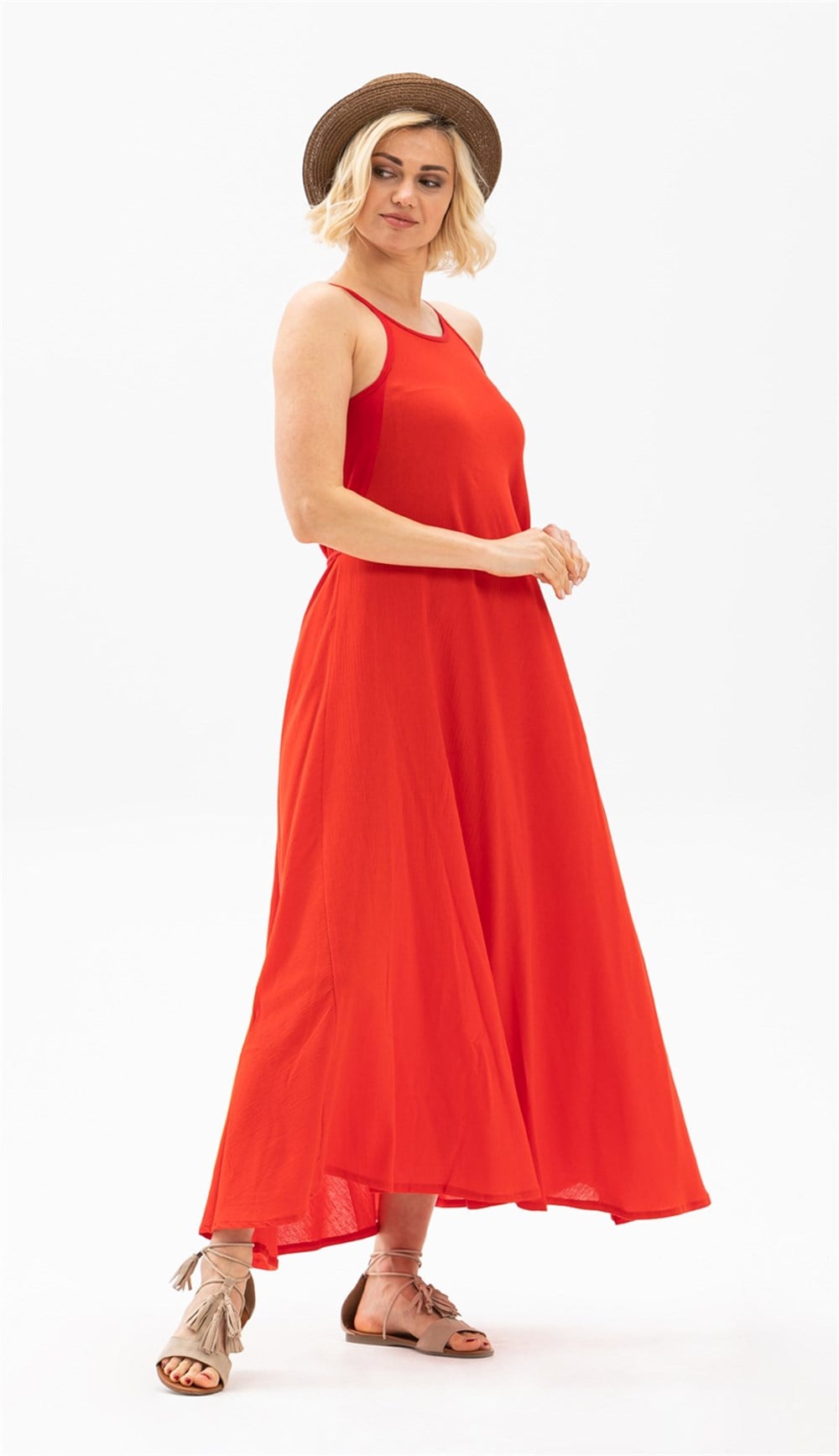 Toptan Sima Şile Bezi Yazlık Uzun Elbise Kırmızı