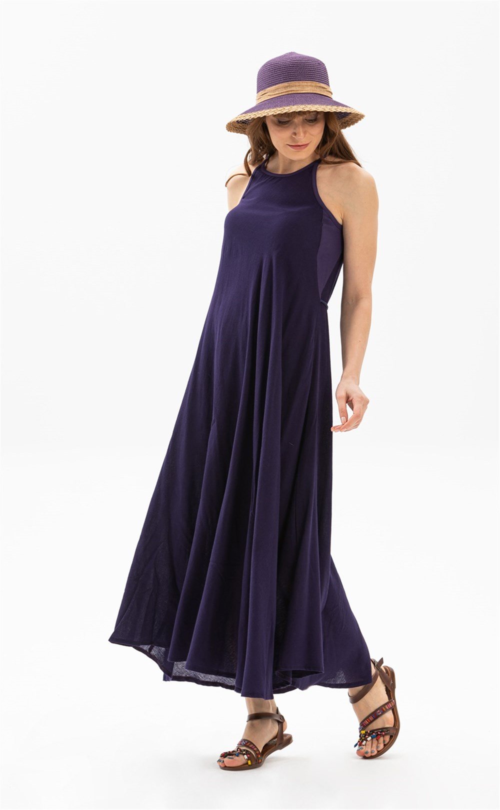 Toptan Sima Şile Bezi Yazlık Uzun Elbise Mor
