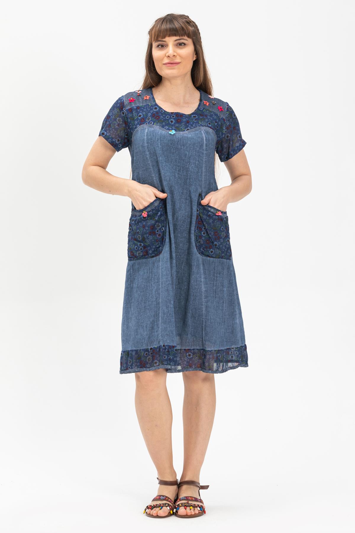 Toptan Aliye Şile Bezi Elbise İndigo