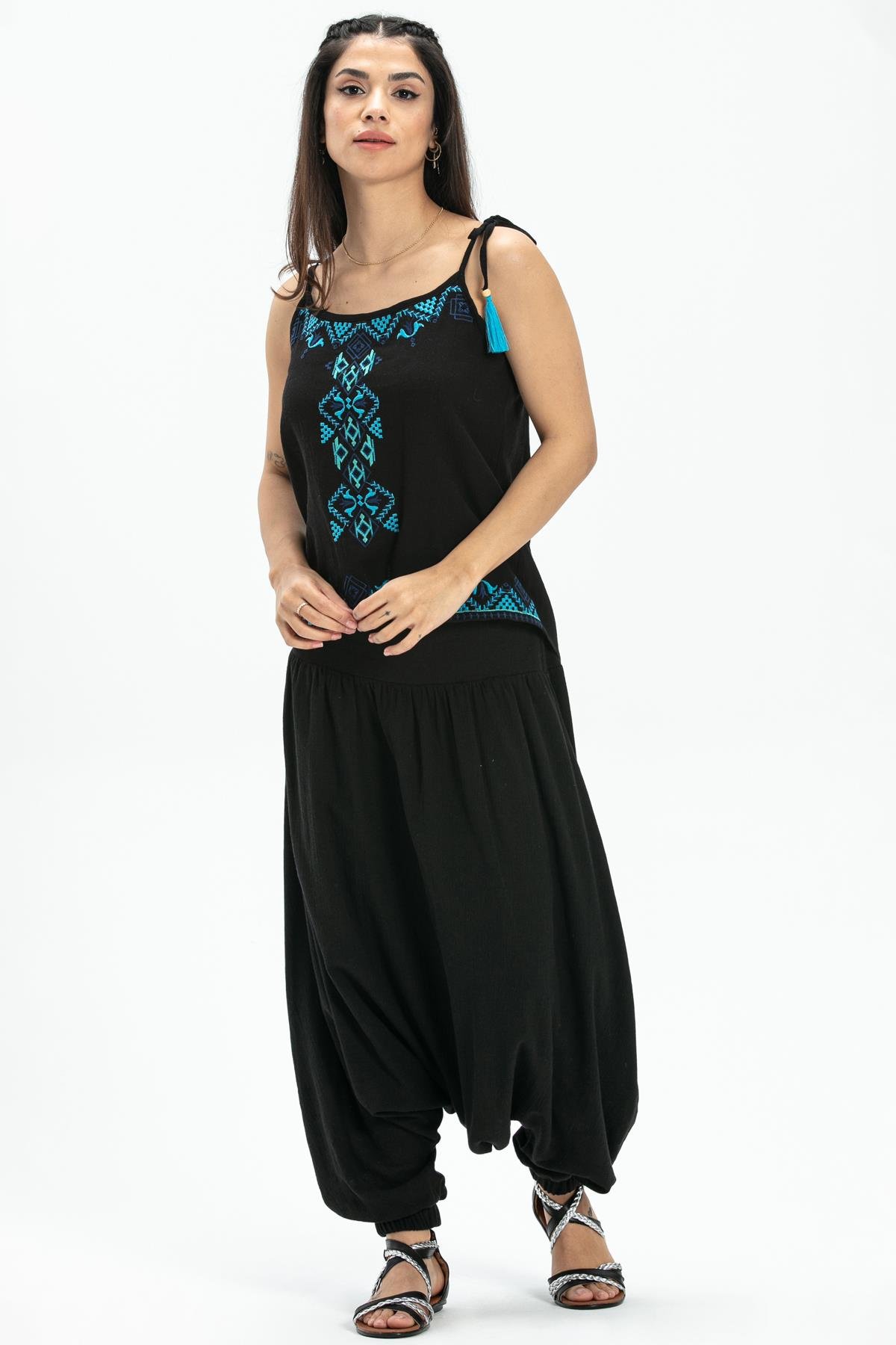 Toptan Askılı Şile Bezi Atiye Bluz Siyah