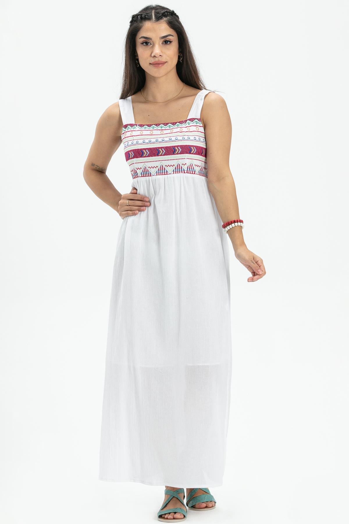 Toptan Askılı Şile Bezi Latin Uzun Elbise Beyaz